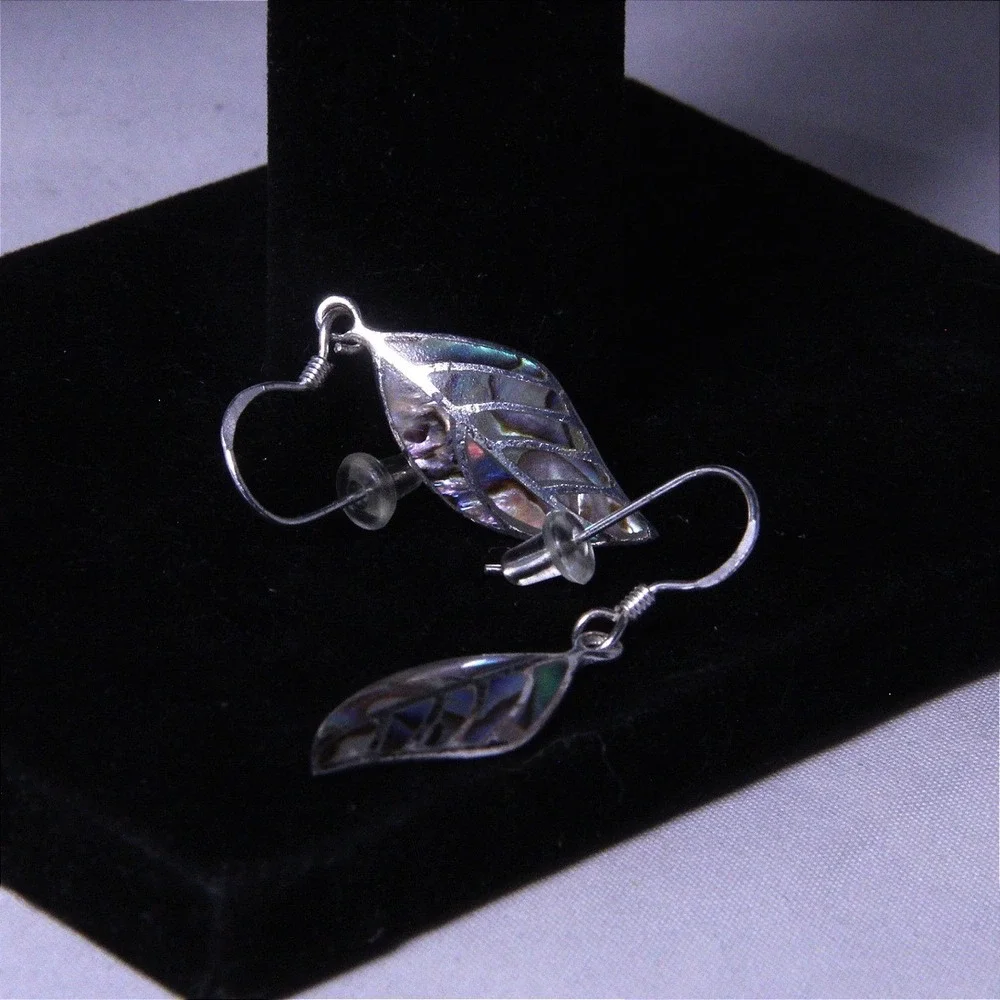 Sterling‎ Silver Abalone Leaf Dangle Earrings 925 Thai Iridescent Paua Shell